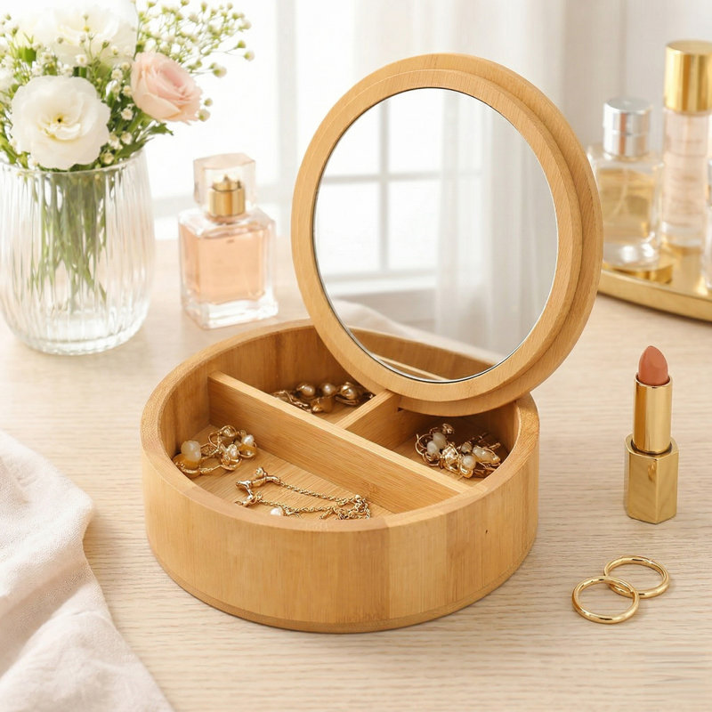 Round Bamboo Box with Mirror Lid