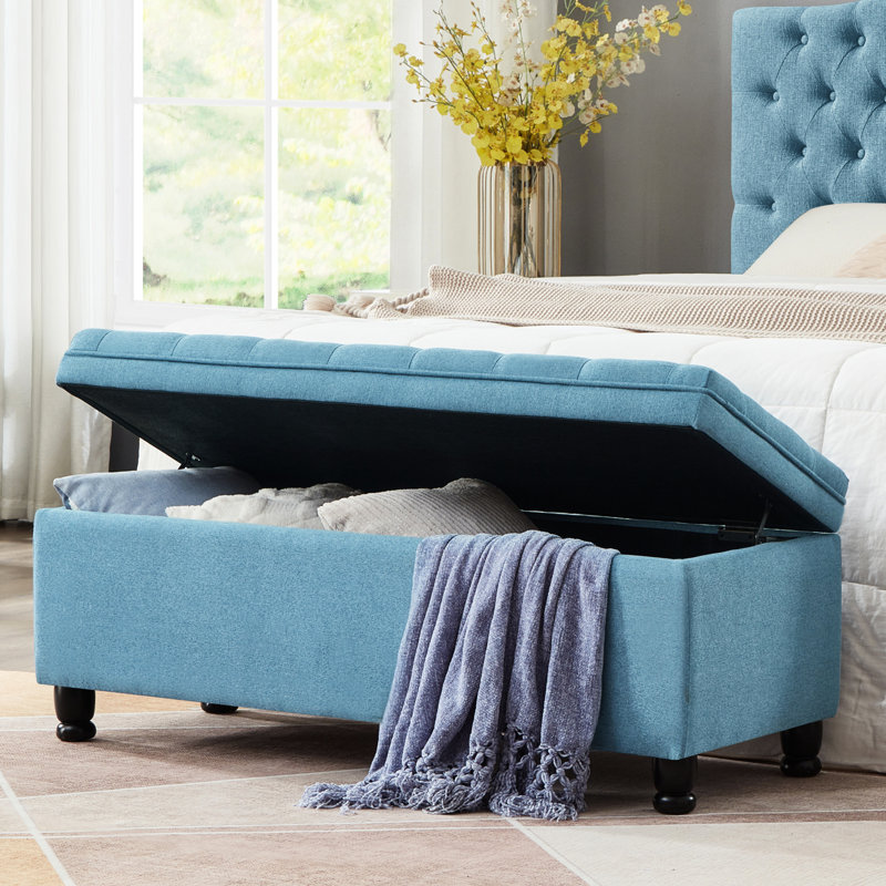 Banc de rangement capitonné capitonné, banc d'entrée en tissu de lin avec pieds en bois fuselés, Bleu clair