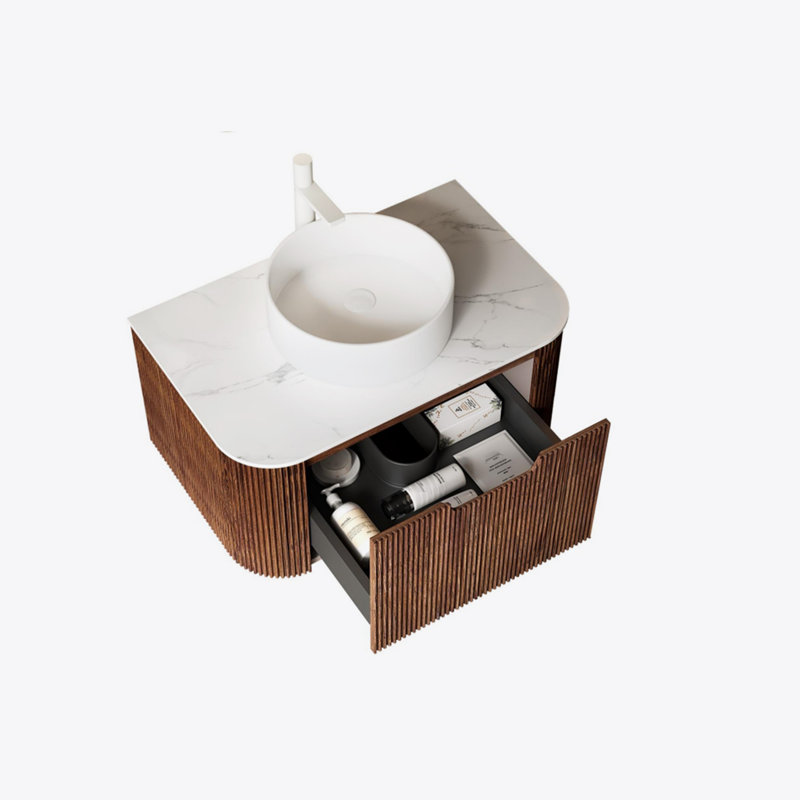 Meuble-lavabo de salle de bain 30 po avec lavabo, meuble-lavabo mural moderne à bords arrondis et courbes avec tiroir, lavabo rond en céramique blanc sans robinet, pré-assemblé, noyer foncé