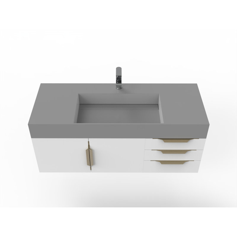 Meuble-lavabo mural simple 48 po avec comptoir à surface solide 48 po, gris, Blanc, Doré