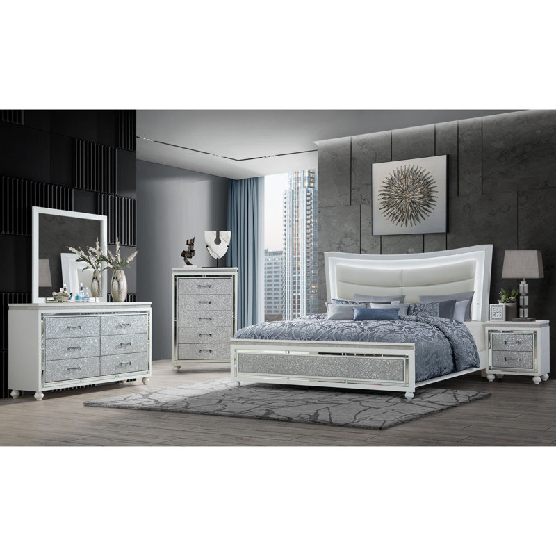 Collete White Full Bed with LED Lighted Headboard and Drawer