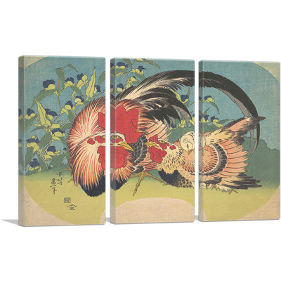 Rooster, Hen and Chicken with Spiderwort 1830 by Katsushika Hokusai - 3 Piece Wrapped Canvas Painting Print Set -  ARTCANVAS, HOKUSA30-3S-60x40