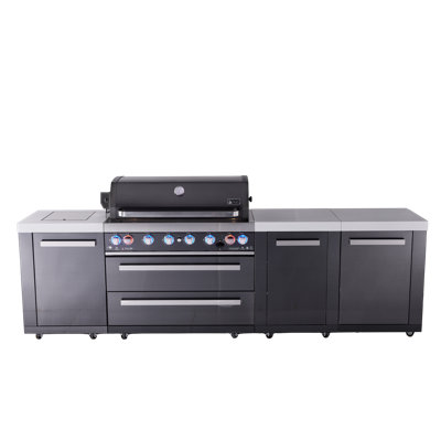 Îlot de cuisine d'extérieur de qualité supérieure en acier inoxydable avec brûleur latéral + brûleur latéral à 6 brûleurs de 44 po + comptoirs en granite + armoires de rangement + ensemble de rôtisserie + ensemble de rôtisserie + convertible au gaz naturel Mont Alpi + Garantie à vie