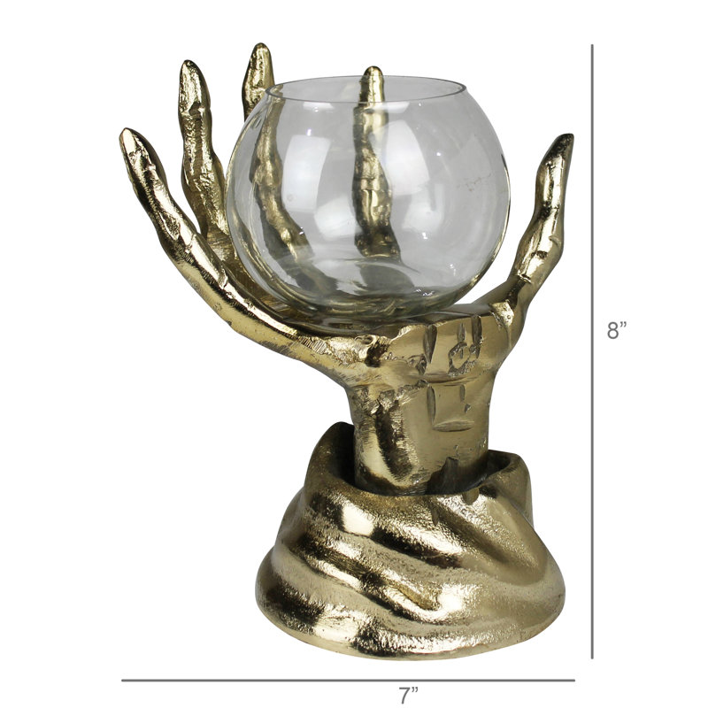 Squelette avec bol en verre, laiton