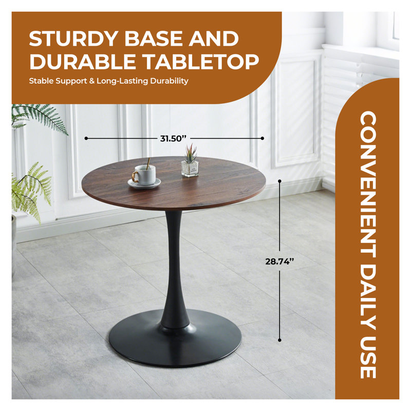 Table de salle à manger 31,5 po Mid-Century Modern Tulip, H 28,74 po x L 31,5 po x l 31,5 po, Bois brun foncé, Noir