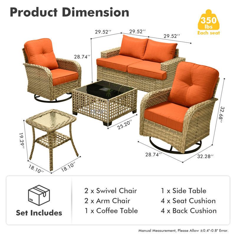 Ensemble de conversation en osier / rotin pour 4 personnes avec chaises pivotantes et coussins Wahkon, Orange
