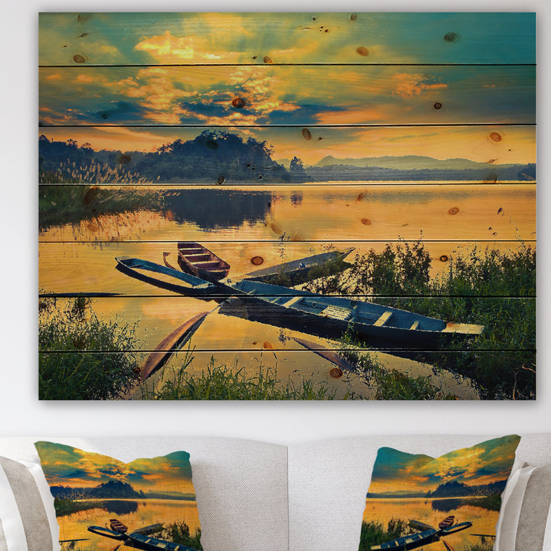 «bateau on water twilight after printing after coucher, H 15 po x l 20 po x P 1 po, Bois