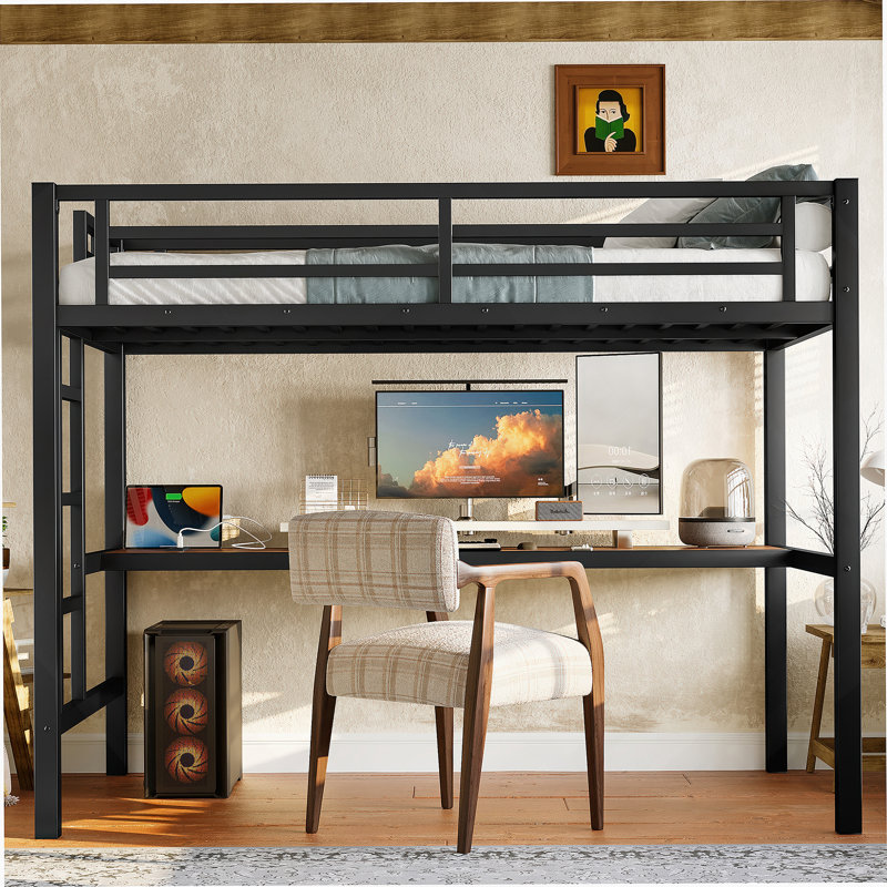Lit mezzanine en métal avec prise de courant et éclairage DEL, Lit simple