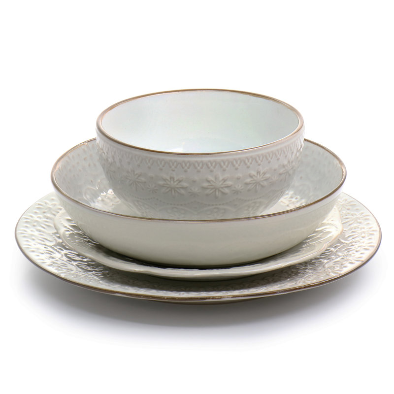 Ivory Embossed Ceramic 16-Piece Dinnerware Set with Scalloped Edges