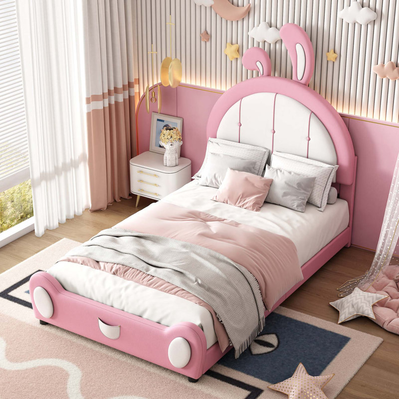 Lit plateforme simple tapissier avec tête de lit en forme de lapin, Pink/White