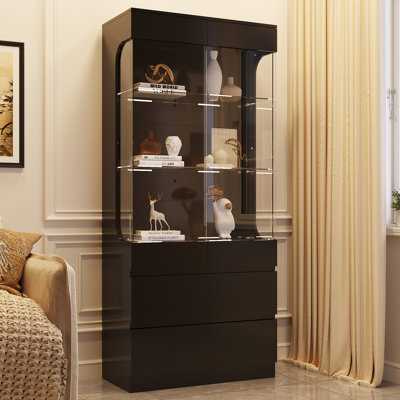 Display Cabinet With Glass Doors, 3-Tier Curio Cabinet With 7 Color Led Lights, 70.87