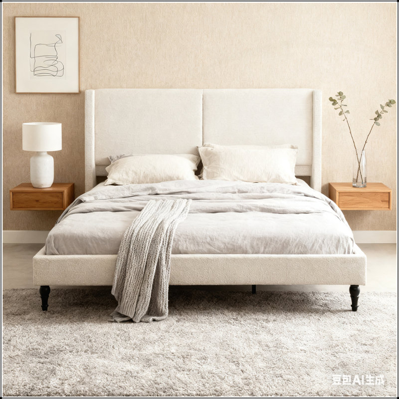 Luxueuse base de lit très grand avec tête de lit tapissier à dossier haut, tissu bouclé et lattes robustes pour un confort et un style ultimes