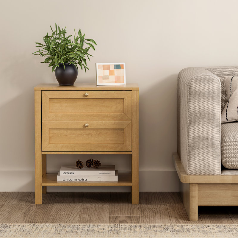 Table de chevet en bois avec 2 tiroirs et tablette, Chêne