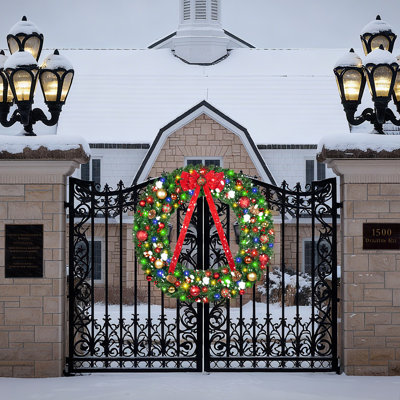  60 Inch Pre-lit Large Christmas Wreath with 210 LED Lights for Outside of House, Artificial Prelit Outdoor Wreath for Christmas Holiday Decoration for Door with Bow, Pine Cones, Ornament Balls