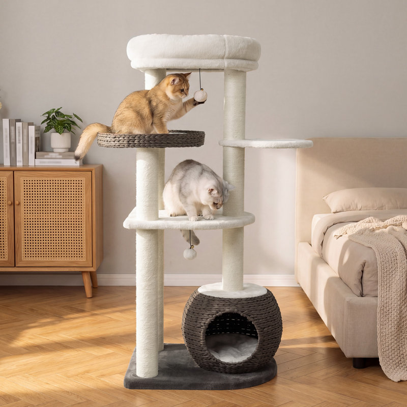 Arbre à chat à niveaux multiples 53 po - Tour pour chat en rotin tissé à la main avec condo, perchoirs et poteaux à griffer en sisal