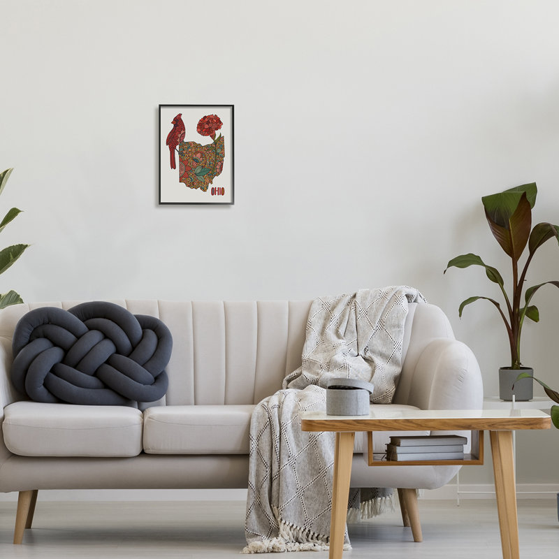 Ohio State Carnation Blossom Intricate Floral Cardinal by Valentina Harper - Floater Frame Print on Wood