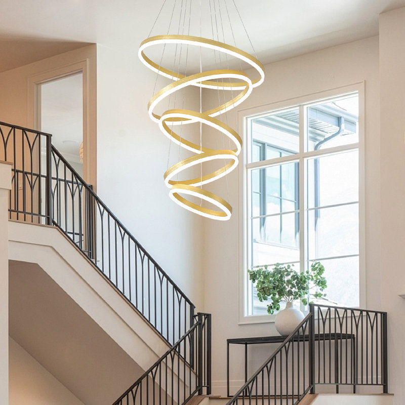 Modern LED Ring Chandelier, 5-Ring Gold Chandelier for High Ceilings, Dimmable Foyer Staircase Pendant Light for Living Room Entryway