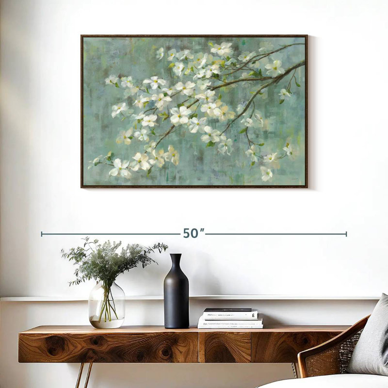 Dogwood In Spring On Blue, 37" X 25", Floating Frame Walnut