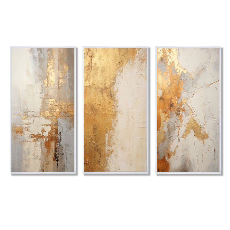 Ensemble de 3 décorations murales abstraites dorées et blanches, H 40 po x l 60 po, Cadre flottant blanc