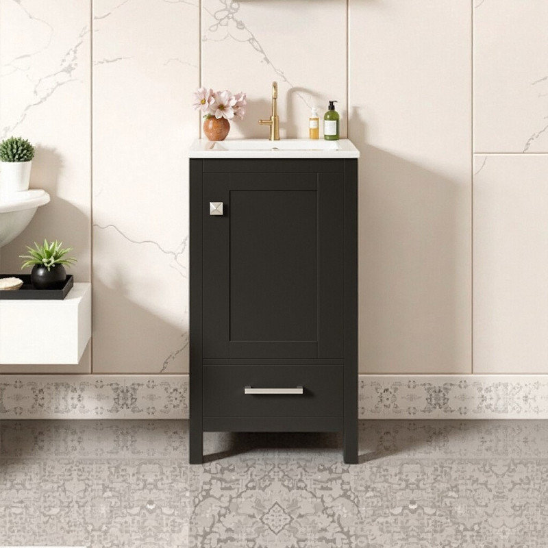 Meuble-lavabo compact de 18 po avec lavabo en céramique, portes et tiroir à fermeture en douceur, espace de rangement et pieds réglables
