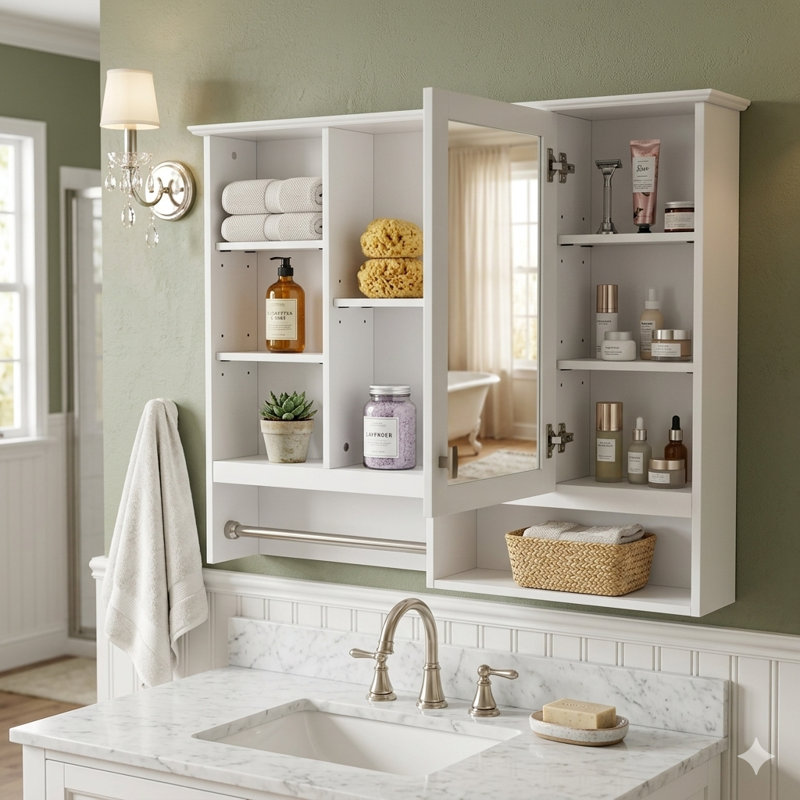 Armoire de salle de bain murale à miroir avec 5 tablettes réglables et barre à serviettes, armoire à pharmacie moderne au-dessus de l'évier pour le rangement, blanc