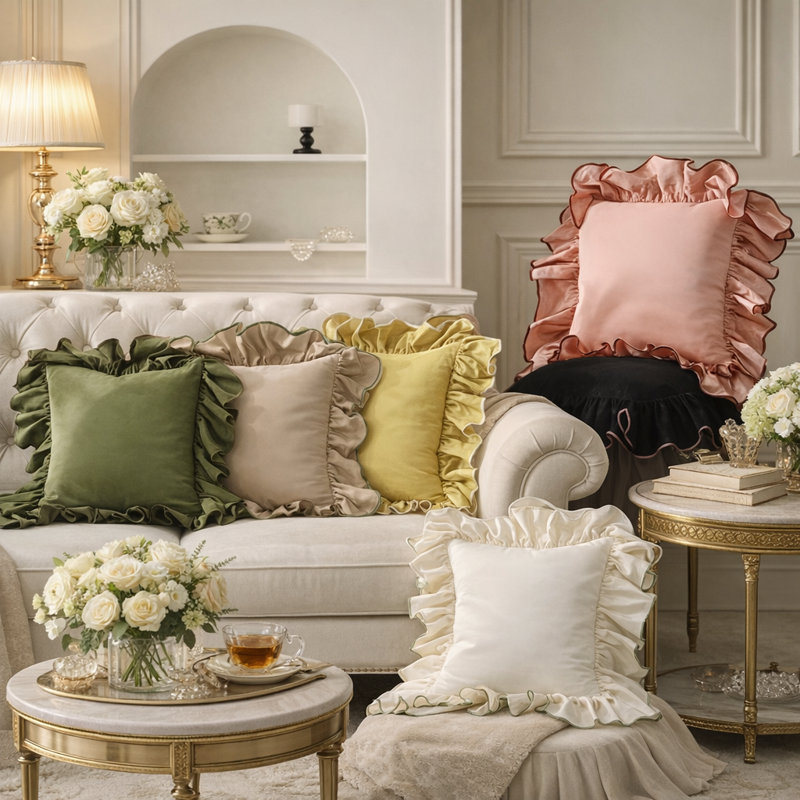 Coussin décoratif en coton avec bordure à volants 18 po x 18 po Ruffled Edge, Rose