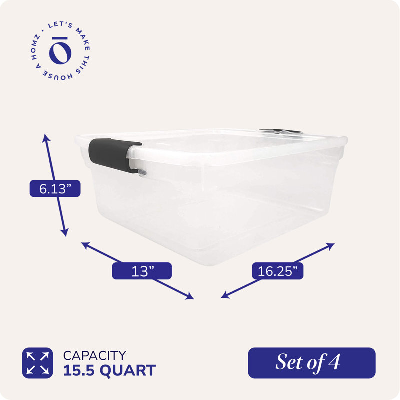 Clear Stackable Plastic Storage Bins with Black Lids, 15.5 Quart, Set of 4