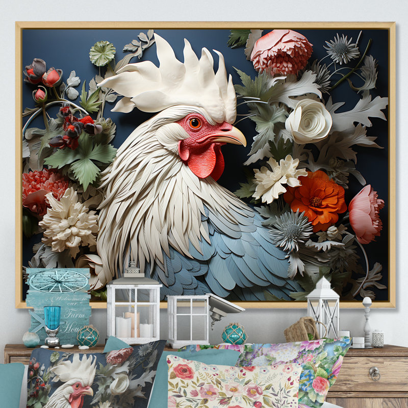 «Loyal Flower Rooster Portrait», reproduction sur toile, H 34 po x l 44 po x P 1,5 po, Cadre naturel flottant