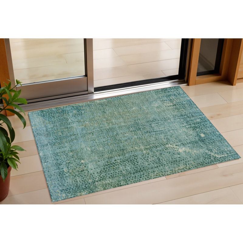 3' X 5' Teal Blue And Ivory Abstract Washable Indoor Outdoor Area Rug