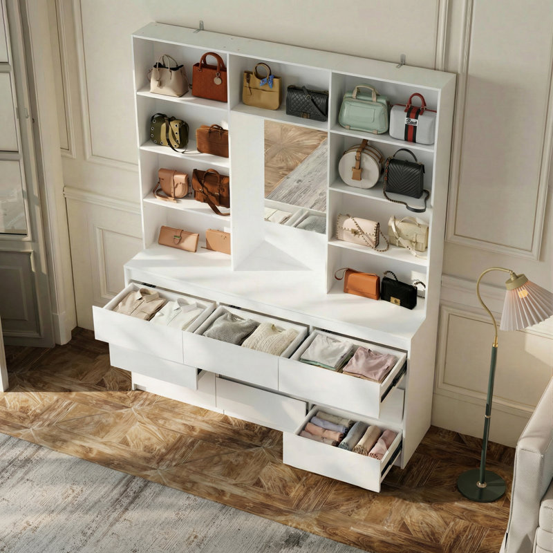 9-Drawer Tall Lingerie Chest With Makeup Mirror & 7 Shelves
