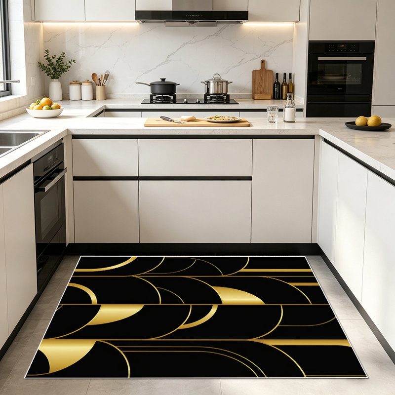 1PC Black and Gold Geometric Circle Striped Art Deco area rugs for Living Room, Soft and Comfortable, Suitable for all seasons, easy-to-maintain, machine washable Indoor floor mat, Under Table Farmhouse suitable for dining room, bedroom, entryway,...