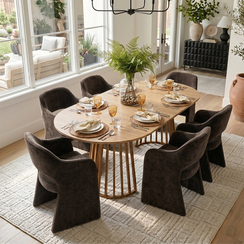 Ensemble de table de salle à manger pour 6 personnes avec table ovale extensible et 6 chaises rembourrées en chenile, Brun