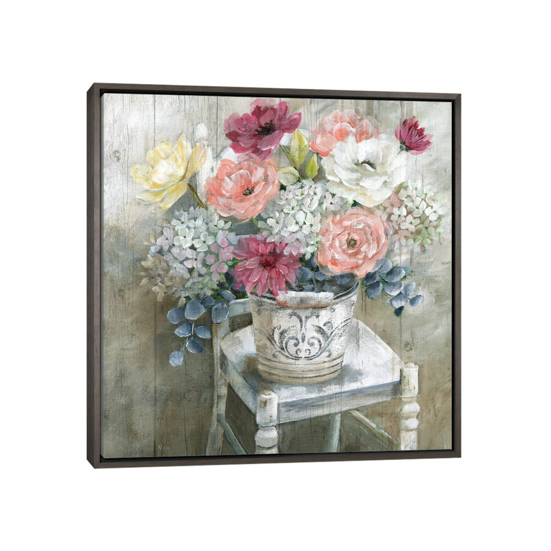 «Quaint Cottage Bouquet» par Nan - reproduction, H 26 po x l 26 po x P 1,5 po, Cadre rustique foncé