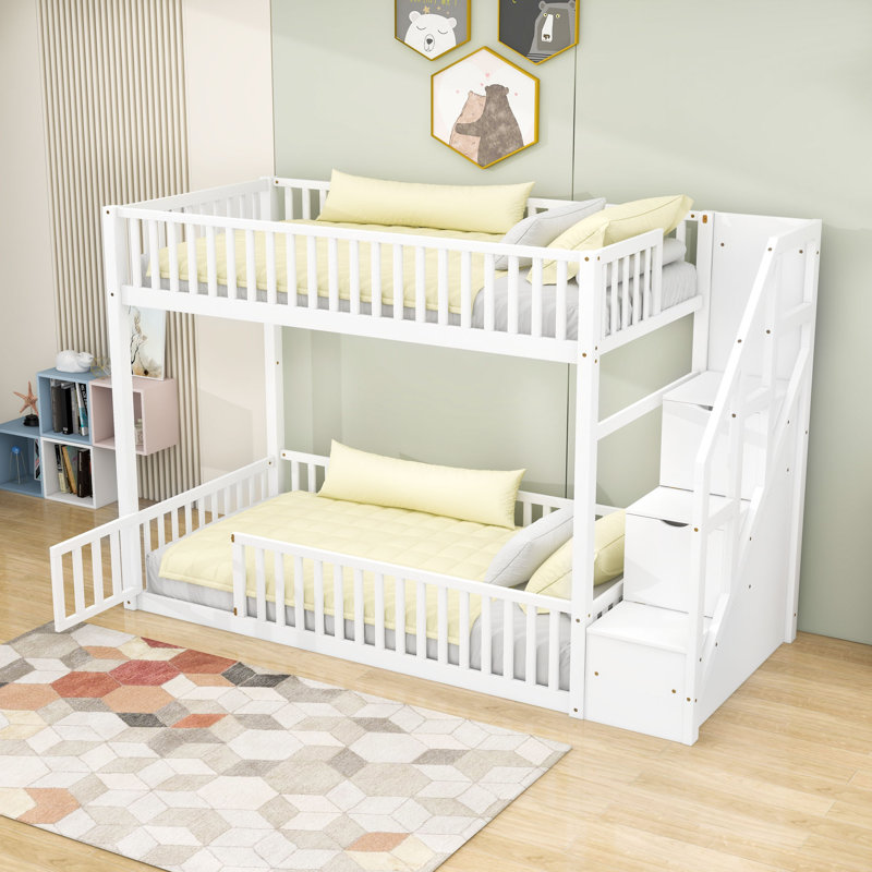 Twin Over Twin Wood Bunk Bed With Guardrails And Stairs, White