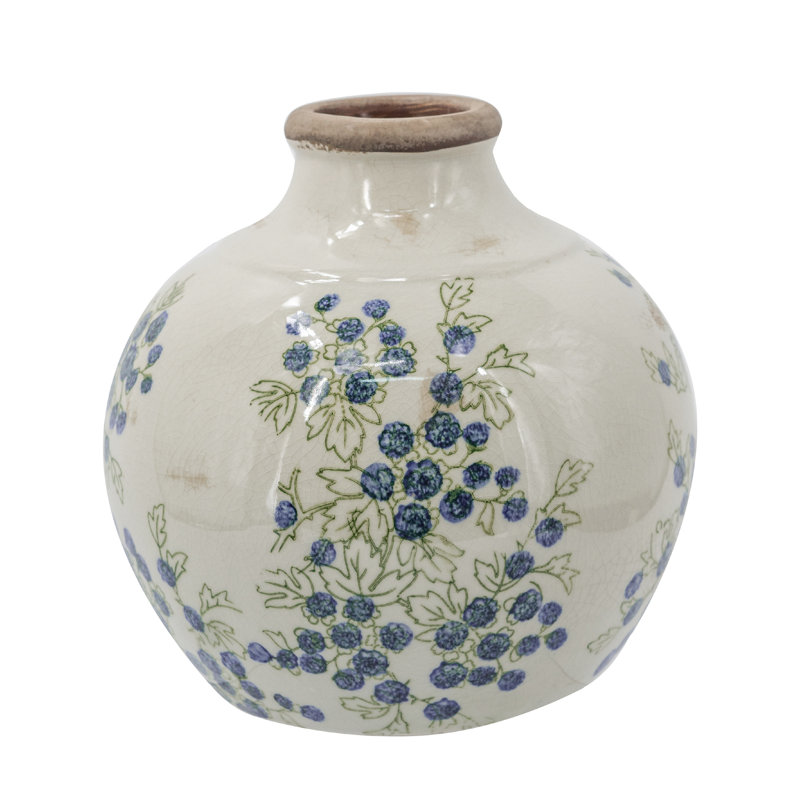 8X8x8" Round White Ceramic Vase With Blueberry Motif