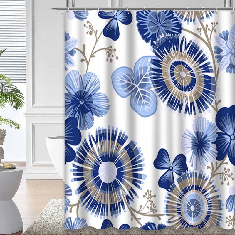 Rideau de douche blanc / bleu avec 12 crochets, L 72 po x l 72 po