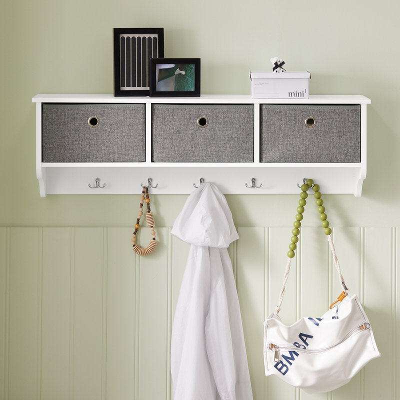 Huseyn Wall Mounted Coat Cubby Shelf with Hooks, White
