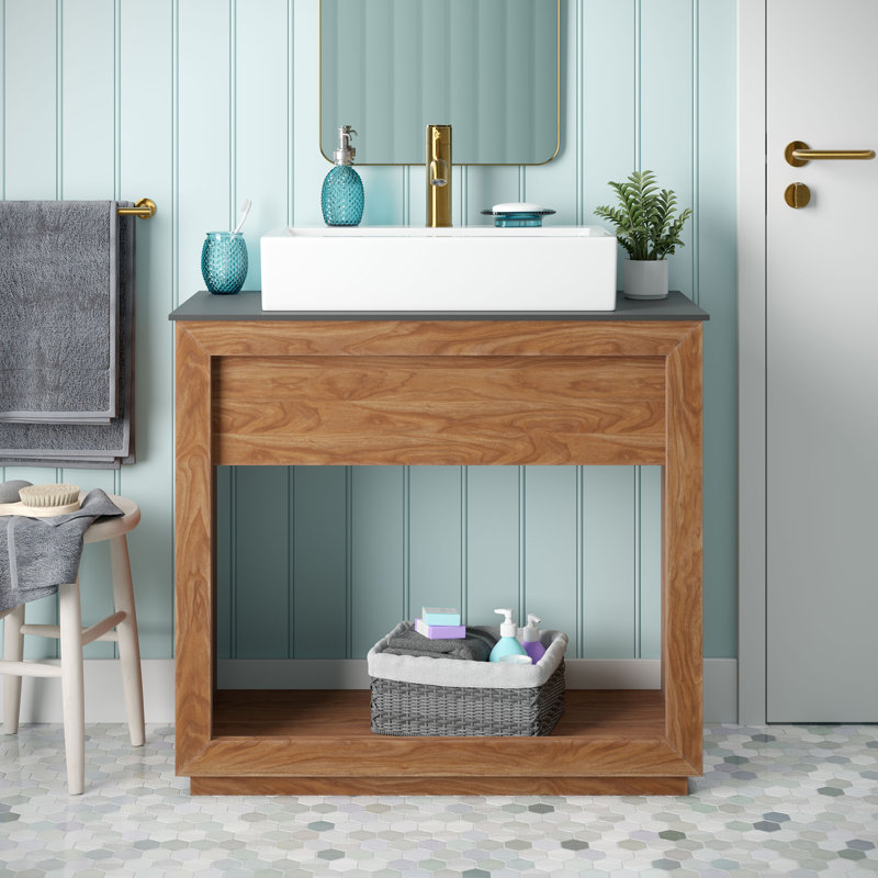 Meuble-lavabo en bois récupéré 24 po avec comptoir en ardoise et vasque à un trou Rennes, Teck naturel