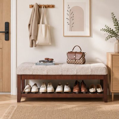 Banc d'entrée en bois massif, banc à chaussures en hévéa massif avec coussin rembourré et tablette à chaussures inférieure