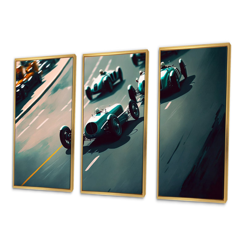 «Retro Race Car in Monaco Street Race III», reproduction sur toile 3 pièces, Toile avec cadre doré
