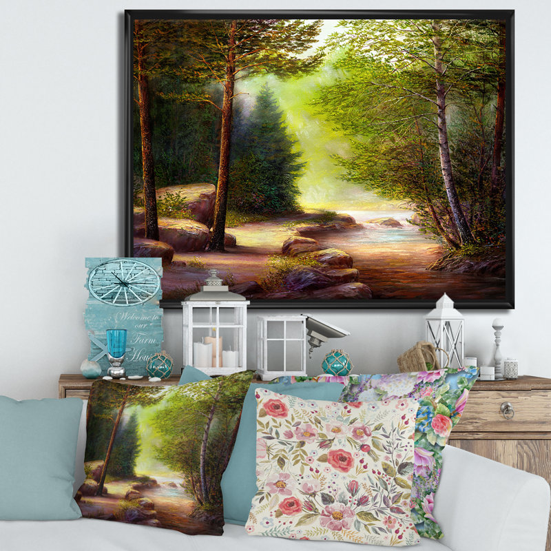 «Morning Sunlight Through The Spring Trees», peinture sur toile, H 16 po x l 32 po x p 1 po, Cadre flottant noir