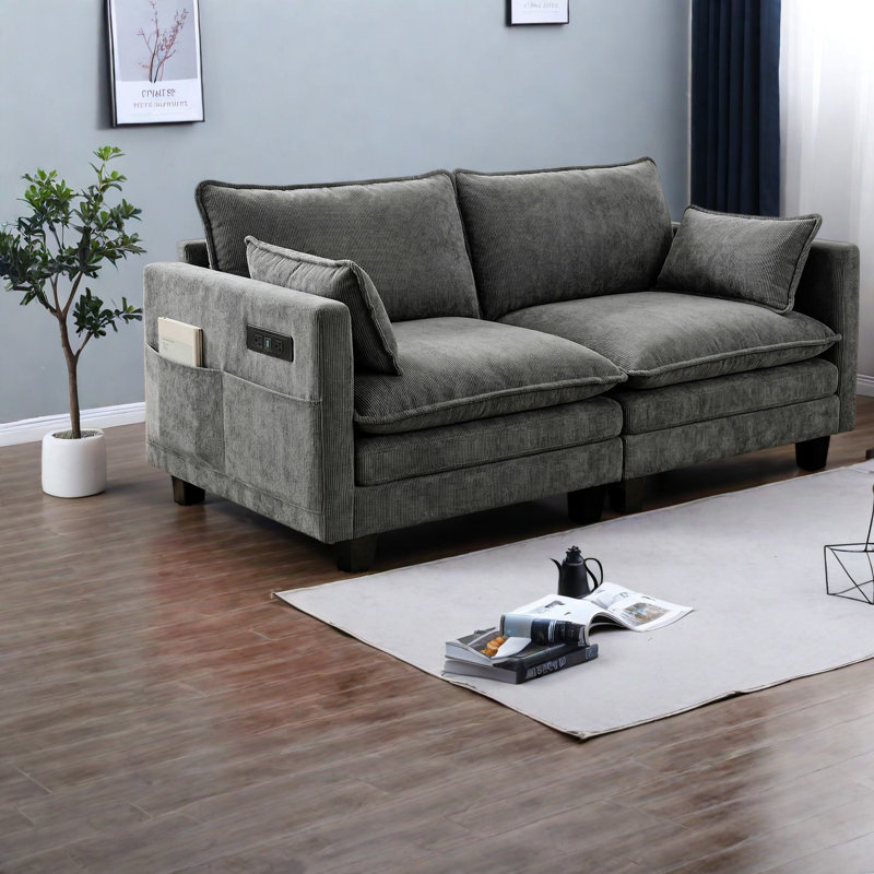 Canapés avec chargement USB, canapé deux places compact et moderne en chenille grise pour la maison, Gris 2