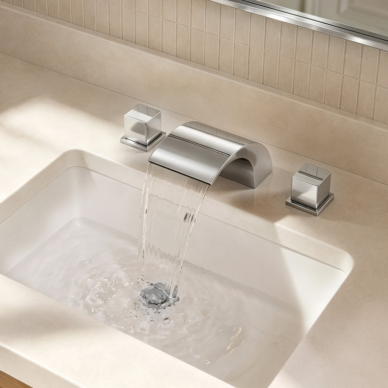 Robinet de salle de bain surdimensionné à 3 trous et 2 poignées avec évier cascade, Chrome chrome