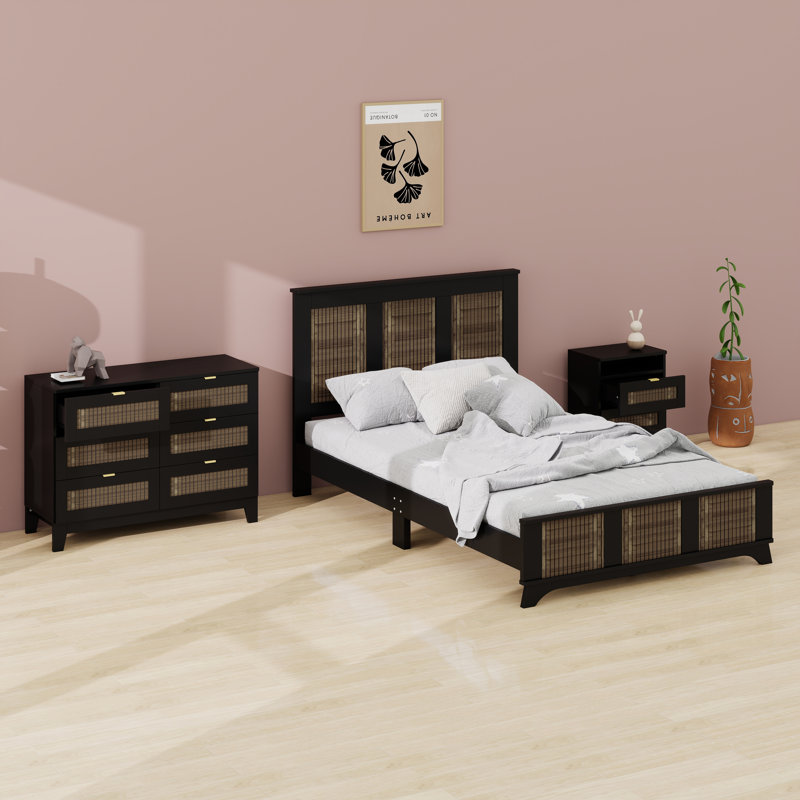 Lit plateforme avec table de chevet et commode avec rangement, Noir
