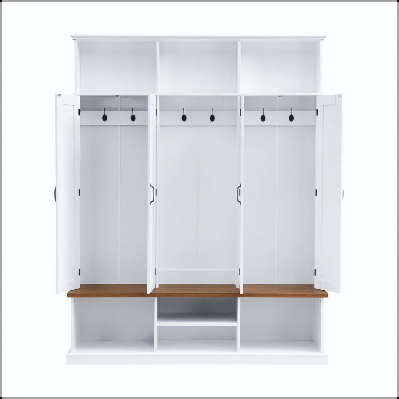 62.2" Entryway Hall Tree with Bench, Top Cubbies & Bottom Storage, White