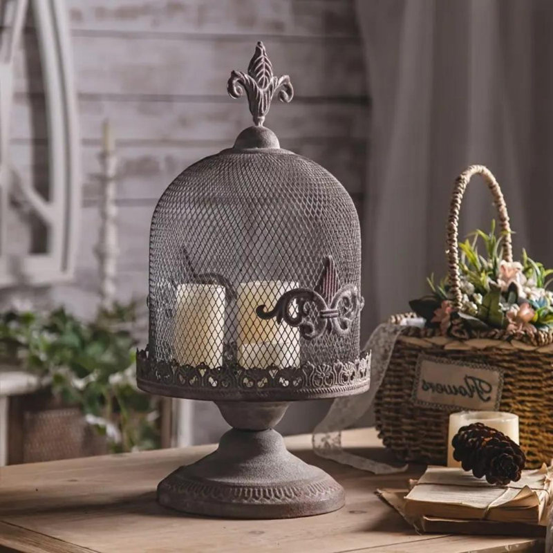 Vintage Iron Art Candle Holder with a Removable Lid and Intricate Cut-Out Design, 5, 18.9" H x 10.24" W x 10.24" D