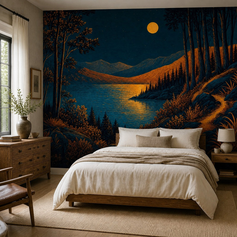 Fresque murale du lac au clair de lune, paysage nocturne de forêt de montagne, 80"x96", Non-Woven Nonpasted