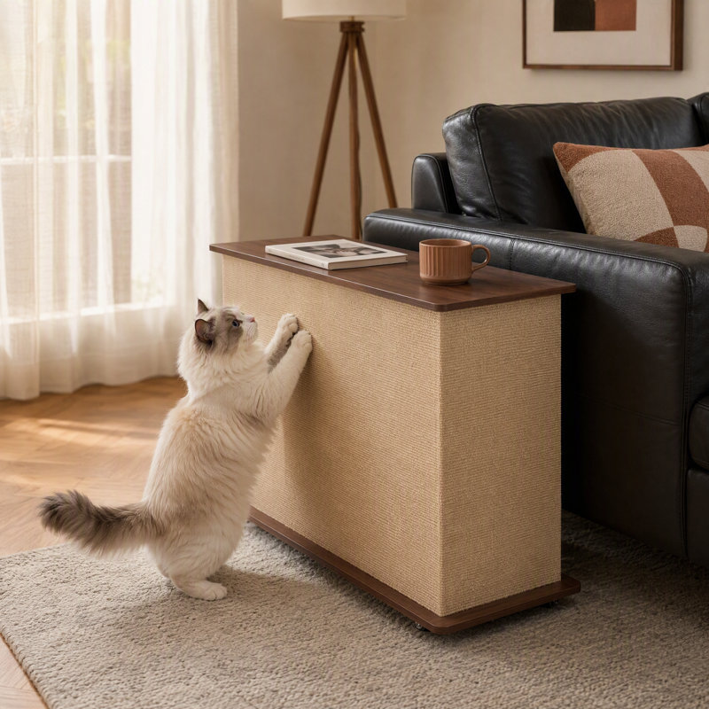 Table d'appoint 2 en 1 avec griffoir pour chat, roulettes verrouillables et rangement dissimulé