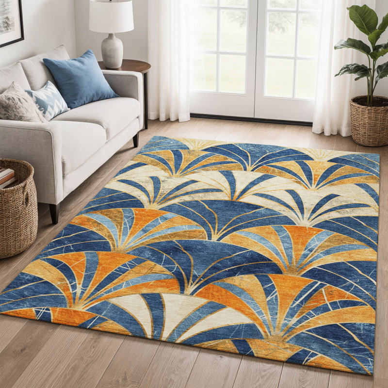 Tapis géométrique de qualité supérieure lavable à la machine Mayfield, Bleu, 2'6" x 3'10"