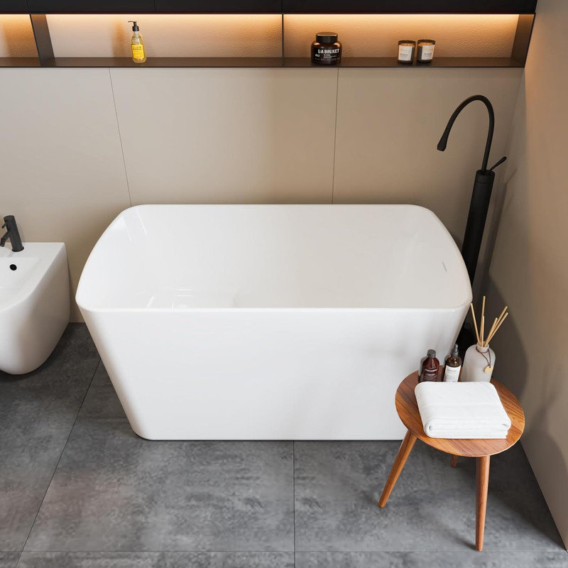 49" Acrylic Japanese Soaking Tub, Square Freestanding Bathtub with Seat & Toe-Tap Drain, cUPC, Glossy White